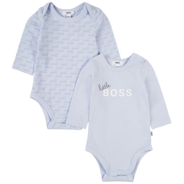 A pair of blue long sleeve bodysuits with the name boss printed on them.