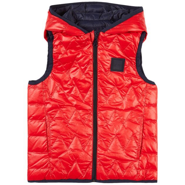 A red vest with a black hood and a blue lining.