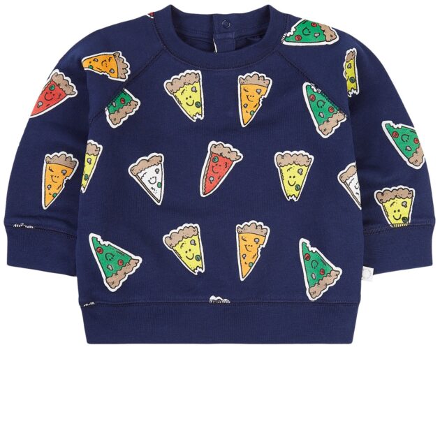 A blue sweatshirt with different colored pizza slices on it.