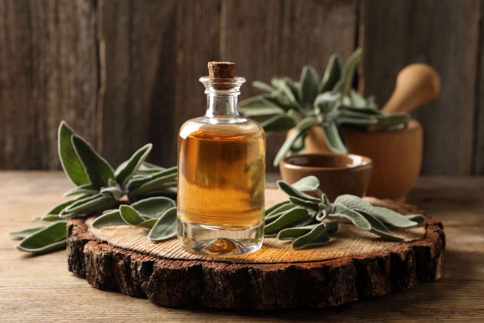 A bottle of oil sitting on top of a wooden board.