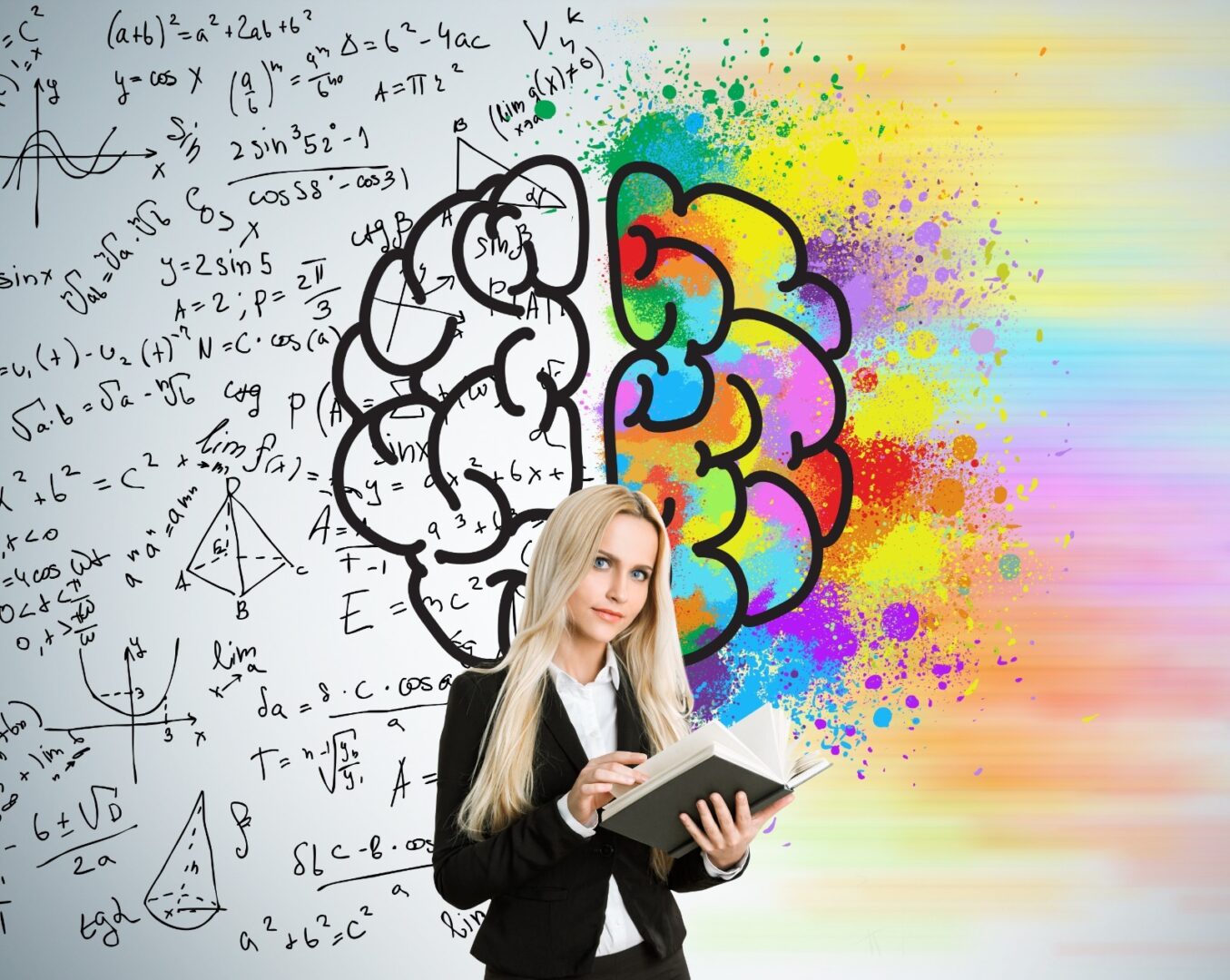 A woman holding a book in front of a painting with colorful images.