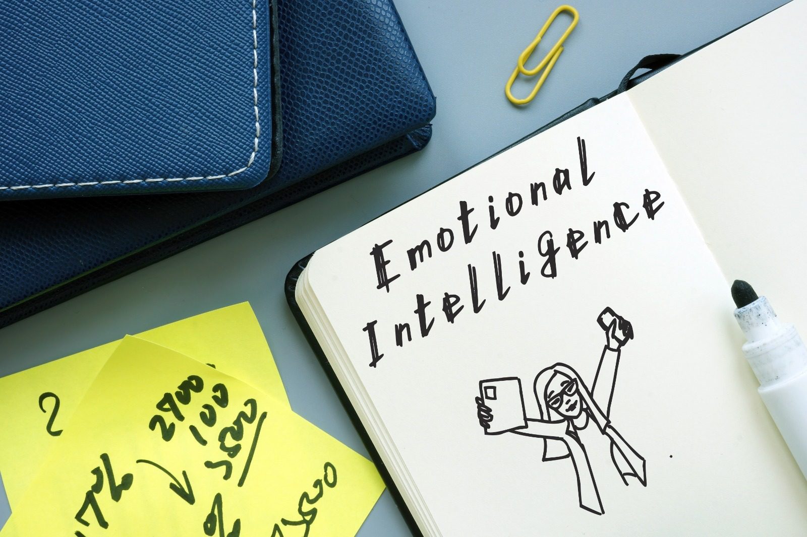 A notebook with the words emotional intelligence written on it.