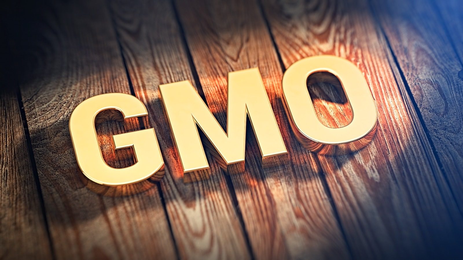 A wooden table with the word gmo written in gold letters.