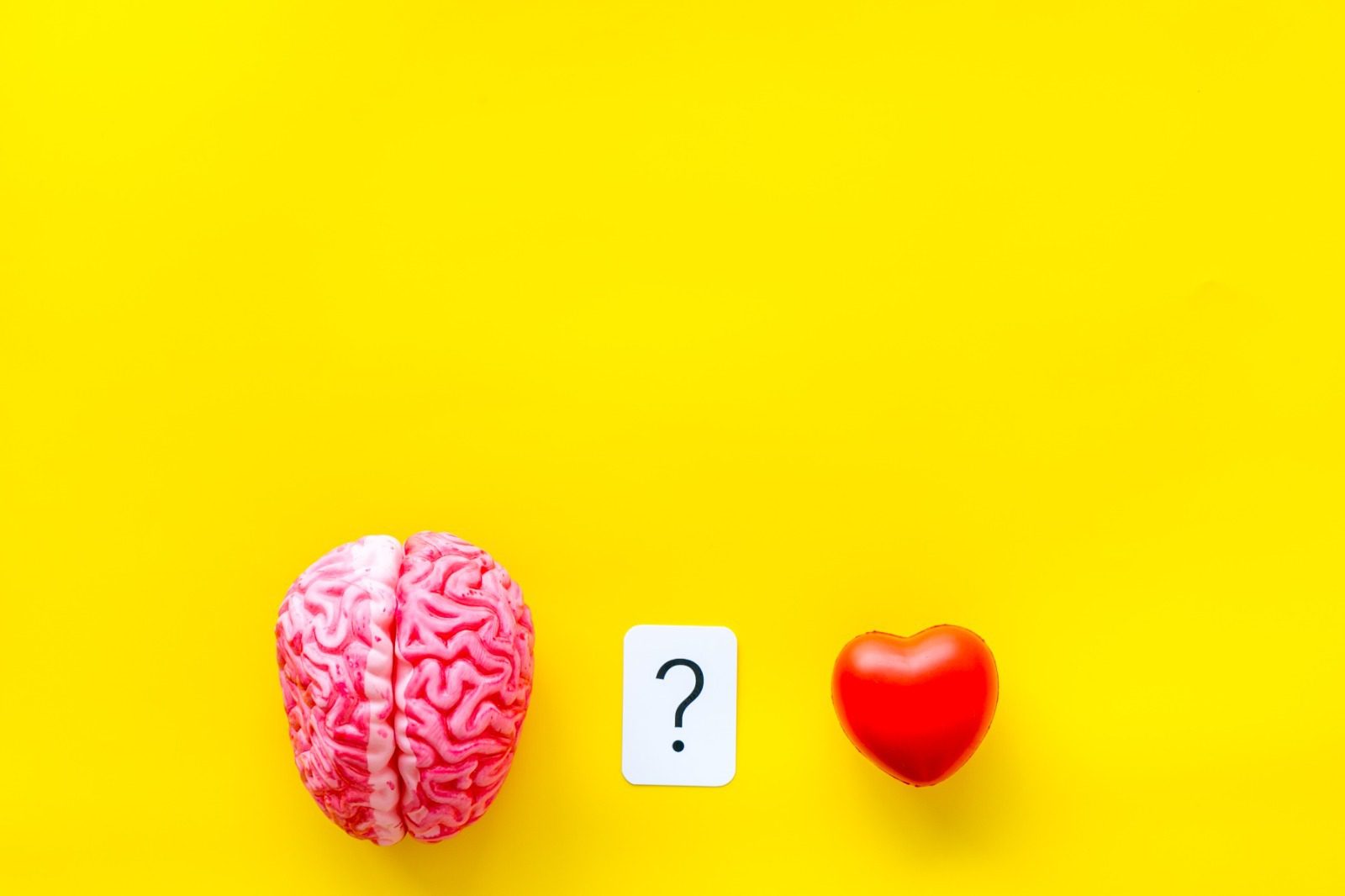 A red heart and a pink brain on yellow background