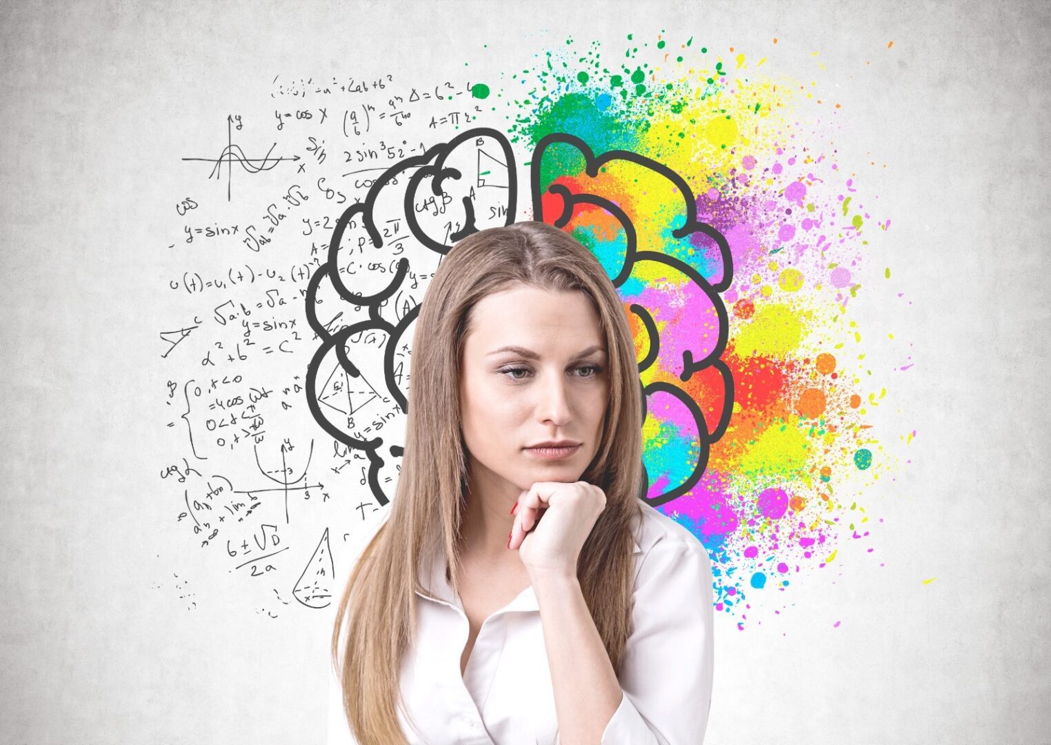 A woman standing in front of a colorful background with a drawing of a brain.